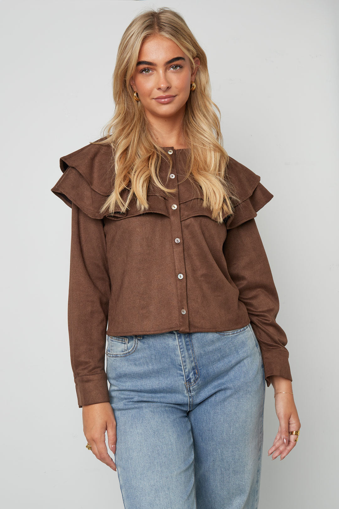 woven polyester fiber damen bluse elegant ruffle trim
