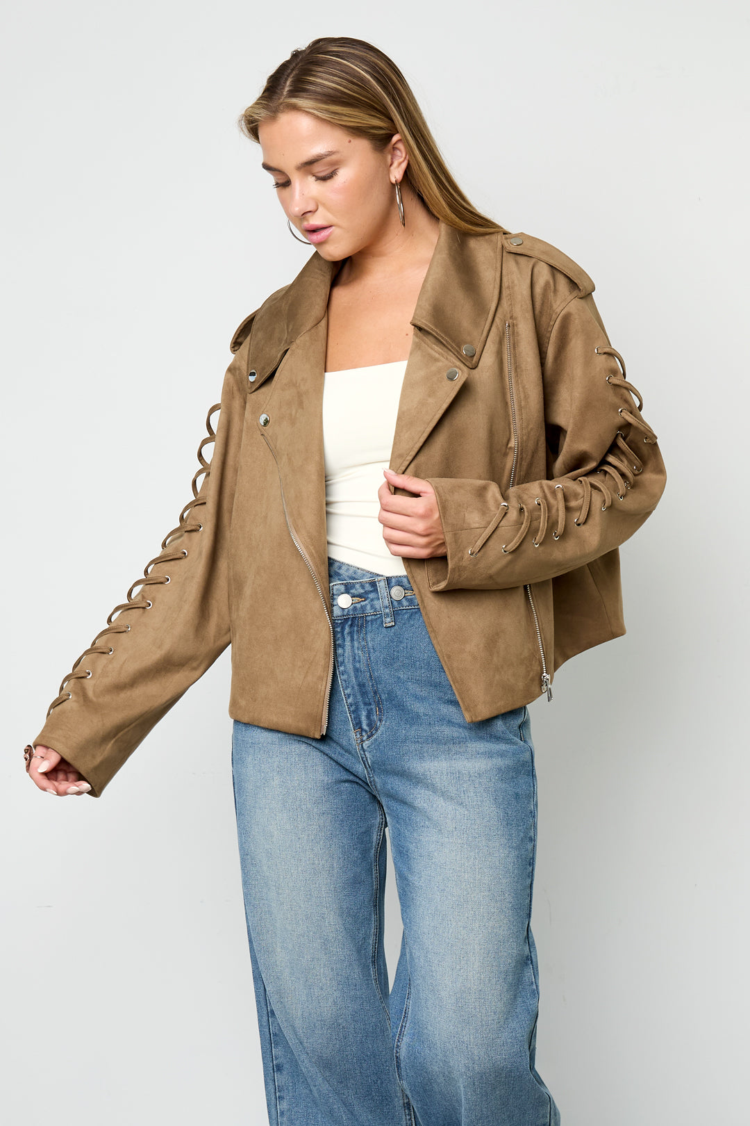 Damen Jacke Bindeband | Polyester | Kamel & Dunkelbraun